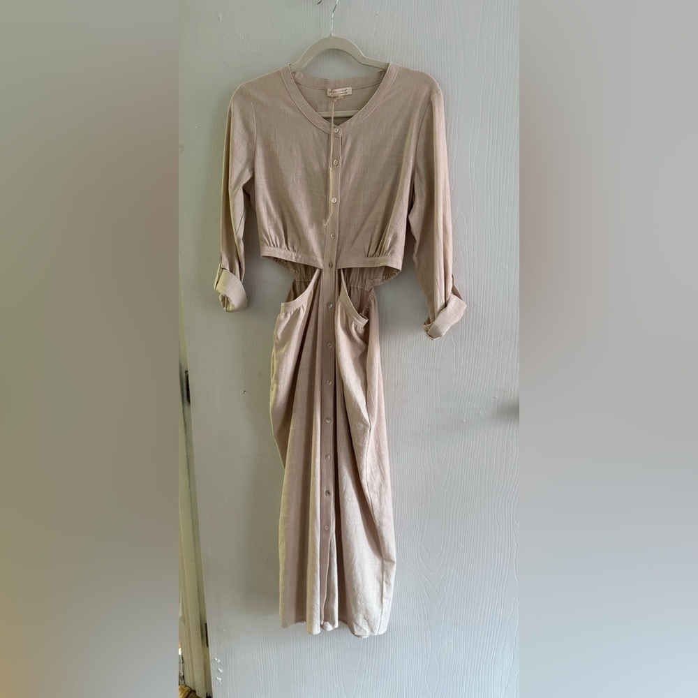 Lovestitch 100% Cotton Cutout Midi Dress Beige Tan Button Front Long Sleeves - Picture 3 of 8